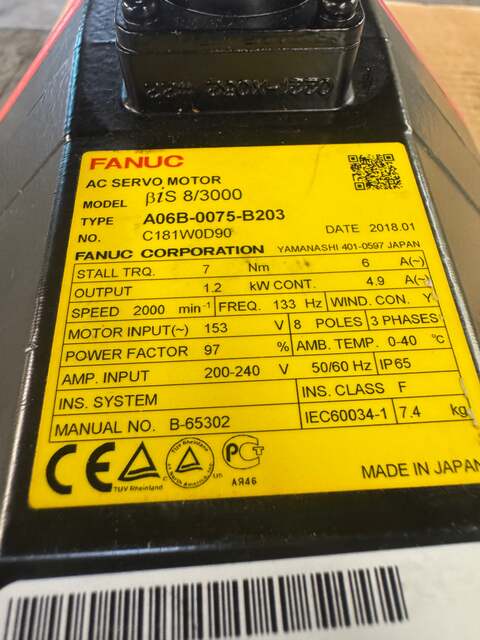 1.2 kW Fanuc #A06B-0075-B203, BiS 8/3000 AC Servo Motor, 7 Nm Stall Torque, 153 Volts, 6 Amps, IP65 - Image 6