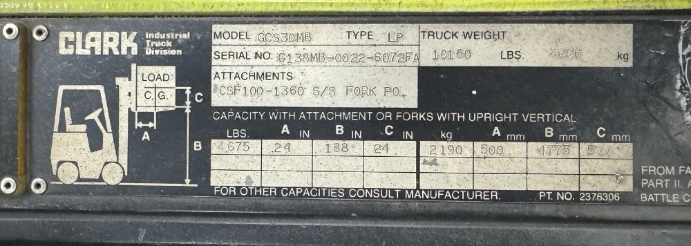 4675 lb. Clark #GCS30MB, propane forklift, cushion tire, side shift, 1985 - Image 6