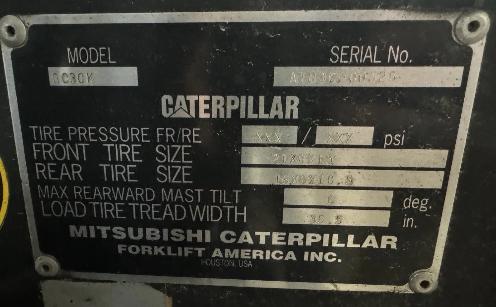 6000 lb. Caterpillar #GC30K, propane forklift, cushion tires, 3 stage, 130" lift height, 2000 - Image 9