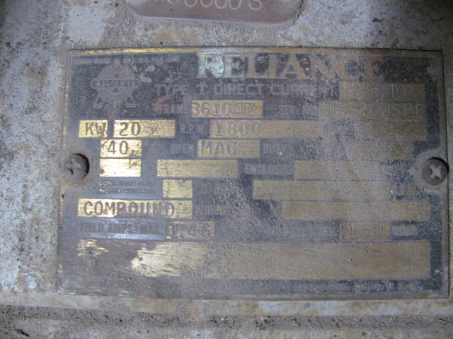 20 KW, 1800 RPM, Reliance, Frame 3610ATZ, Drip-Proof, leads out the top, 80 amp, 250 VDC (2 available) - Image 3