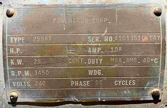 25 KW, 3450 RPM, Powertron, Frame 259AT, Shunt, DPO, 108 amp, 240 VDC - Image 2