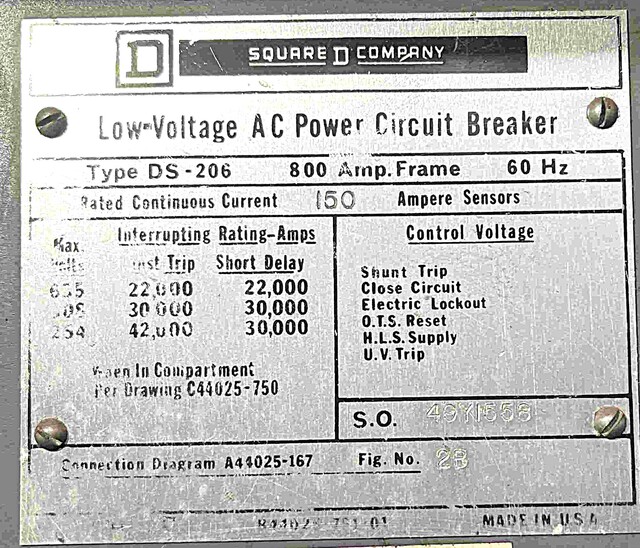 600 Amps, Square D #DS206, air circuit breaker (4 availab - Image 1