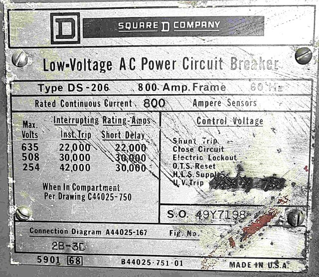 800 Amps, Square D #DS206, air circuit breaker (4 availab - Image 1