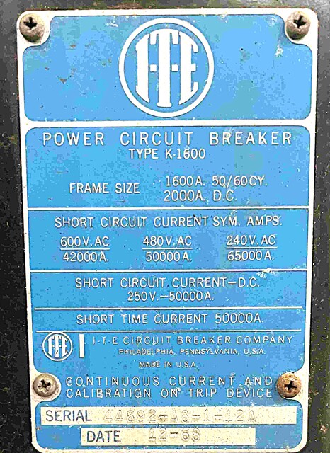 1600 Amps, ITE #K-1600, air circuit breaker, 600 Volts (2 available) - Image 3