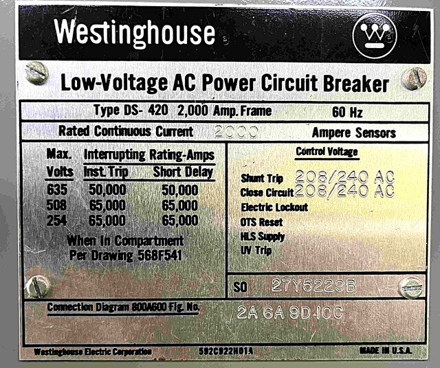 2000 Amps, Westinghouse #DS420, air circuit breaker, 635 Volts - Image 3