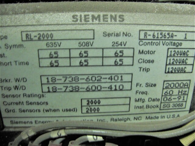 2000 Amps, Siemens #RL2000, air circuit breaker - Image 2