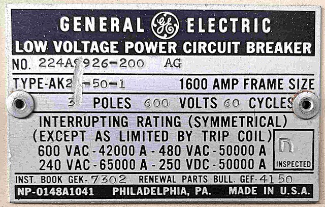 1600 Amps, General Electric #AK-2-50-1, DC circuit breaker, 600 Volts, Zero Hertz trip - Image 3