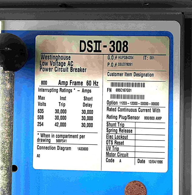 800 Amps, Westinghouse #DSII-308, air circuit breaker - Image 2