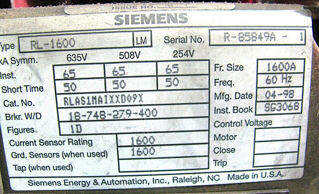 1600 Amps, Siemens #RL1600, air circuit breaker, AC Pro trip, Rebuilt - Image 3