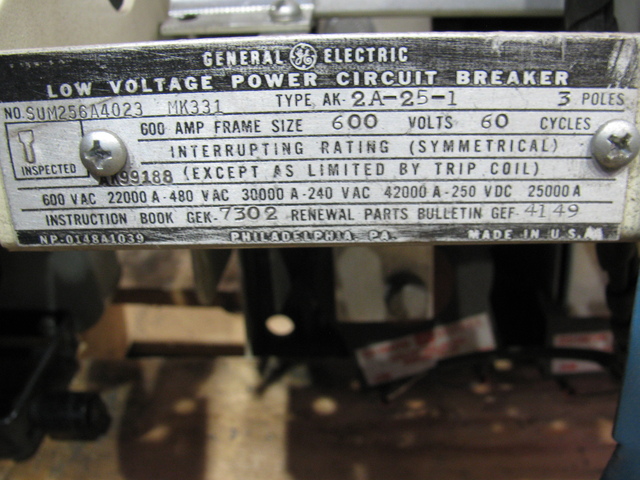 600 Amps, General Electric #AK-2A-25-1, air circuit breaker, AC Pro trip, Rebuilt - Image 3