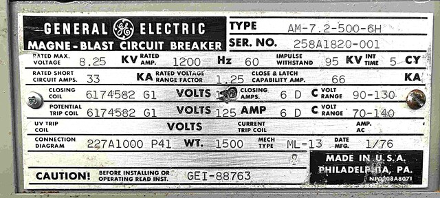 1200 Amps, General Electric #AM-7.2-500-001, air circuit brea, 7200 Volts - Image 2