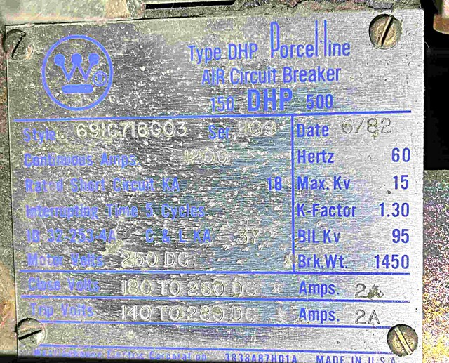 1200 Amps, Westinghouse #150-DHP-500, air circuit breaker, 15,000 Volts - Image 3