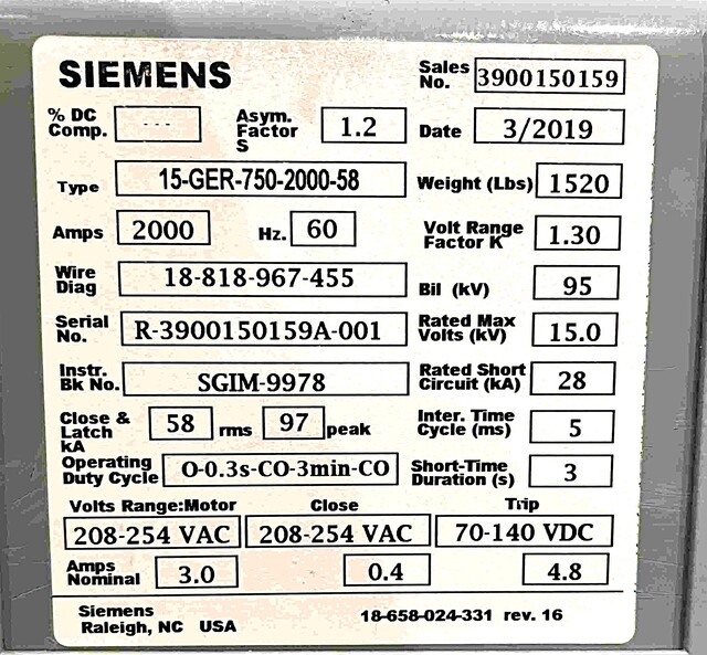 2000 Amps, Siemens #15-GER-750-2000-58, air circuit breaker, 15,000 Volts - Image 2
