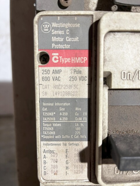 250 Amps, Westinghouse #HMCP250F5C, molded insulated case circuit breaker, 600 Volts - Image 2