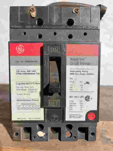 100 Amps, General Electric #TEML36100, molded insulated case circuit breaker, 600 Volts - Image 1