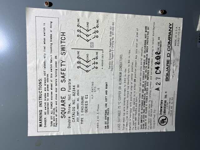 200 Amp. Square D #82344, double throw non-fused AC safety switch, 3-pole, 480 Volts - Image 3