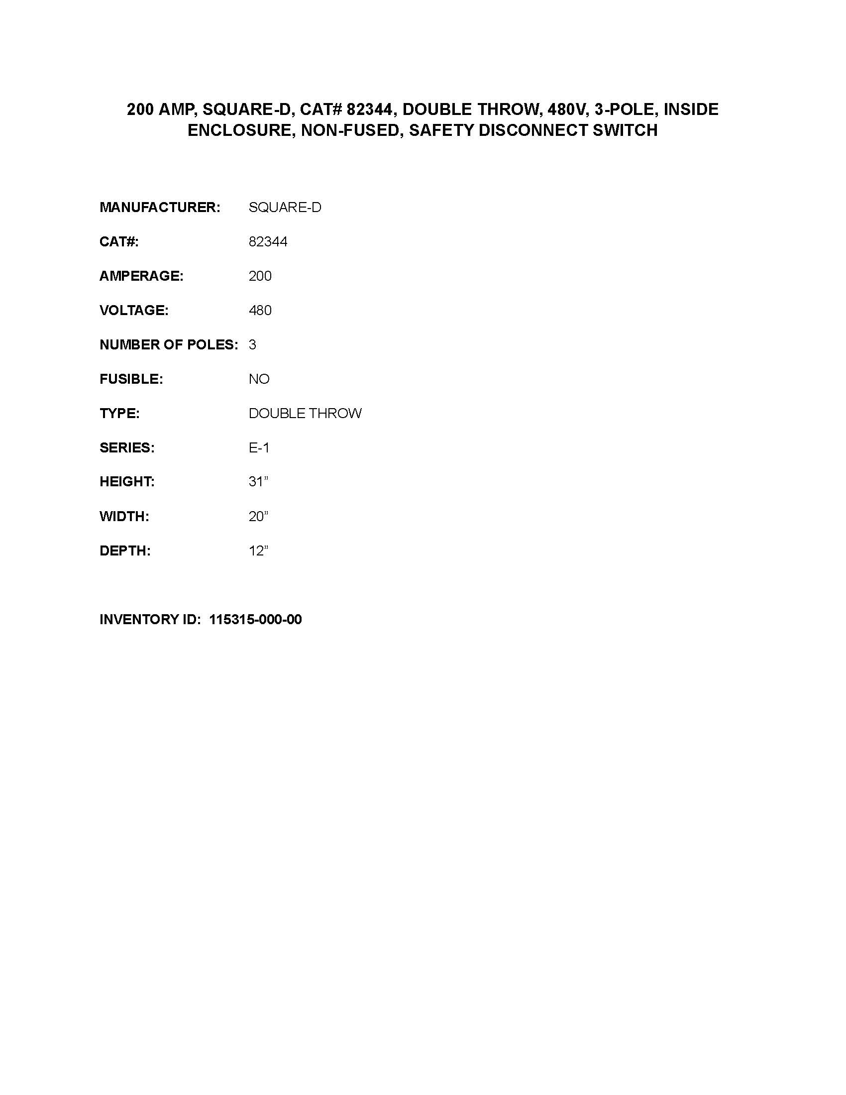 200 Amp. Square D #82344, double throw non-fused AC safety switch, 3-pole, 480 Volts - Image 4
