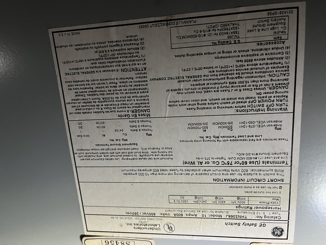600 Amp. General Electric #THN3366J, non-fused AC safety switch, 3-pole, 600 Volts AC, 250 Volts DC - Image 3
