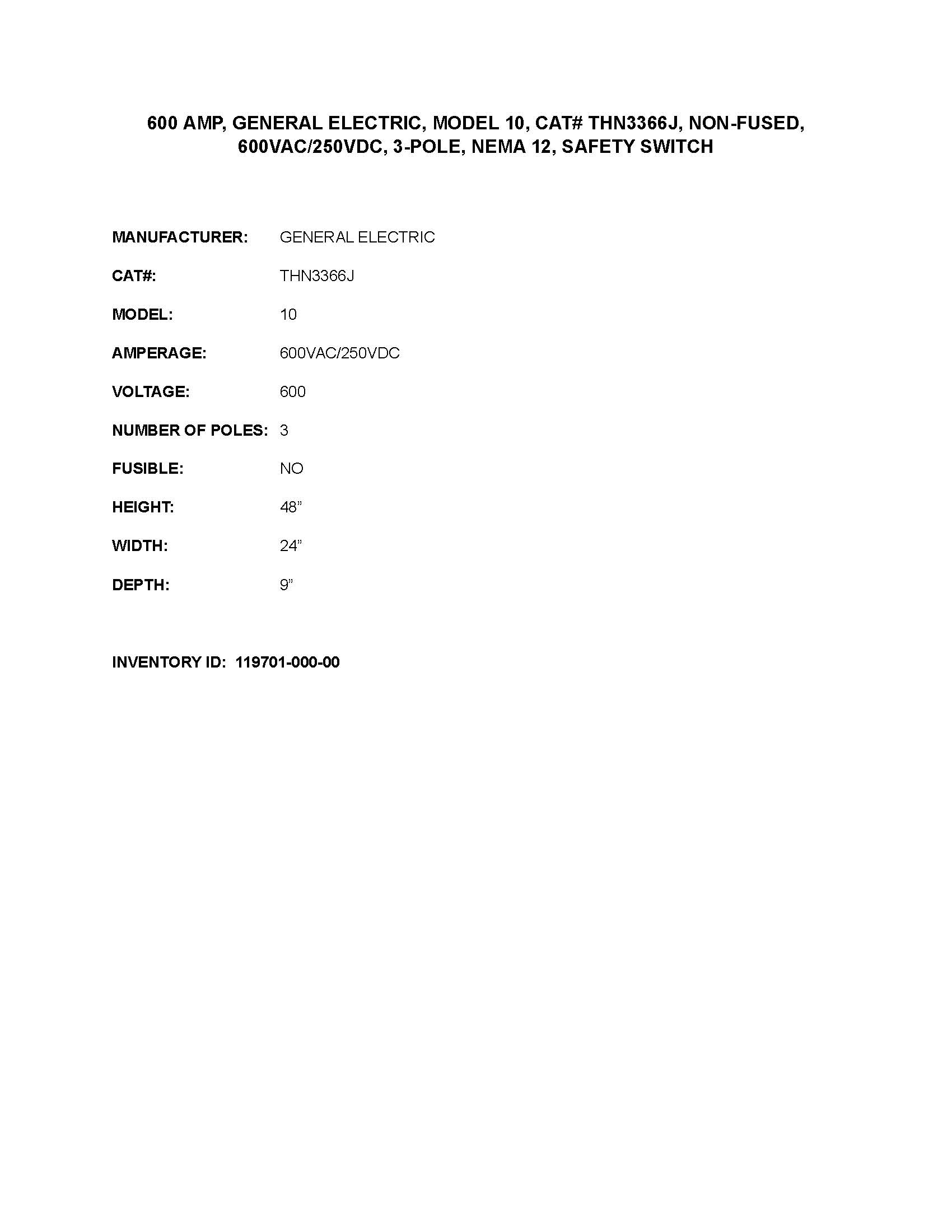 600 Amp. General Electric #THN3366J, non-fused AC safety switch, 3-pole, 600 Volts AC, 250 Volts DC - Image 4