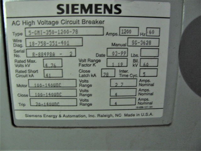 1200 Amps, Siemens #5-GMI-350-1200-78, vacuum circuit breaker, 5 KV, 1999 (5 available) - Image 2