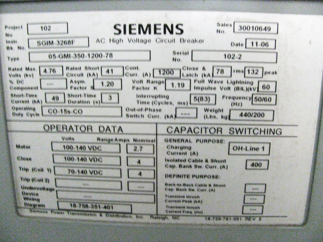 2000 Amps, Siemens #05-GMI-350-2000-78, vacuum circuit breaker, 5,000 Volts, 2006 - Image 2