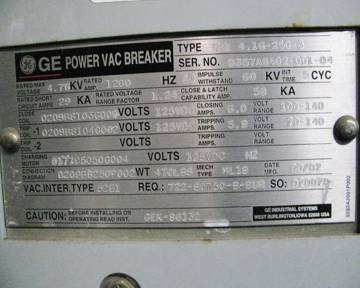1200 Amps, General Electric Power Vac #VBI-4.16-250-0, vacuum circuit breaker, 4,760 Volts (5 available) - Image 2