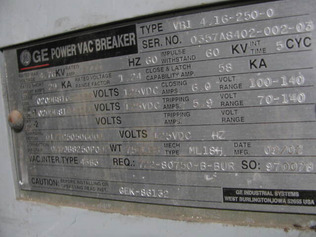 3000 Amps, General Electric Power Vac #VB1-4.16-250, vacuum circuit breaker, 5 KV, 2002 - Image 2