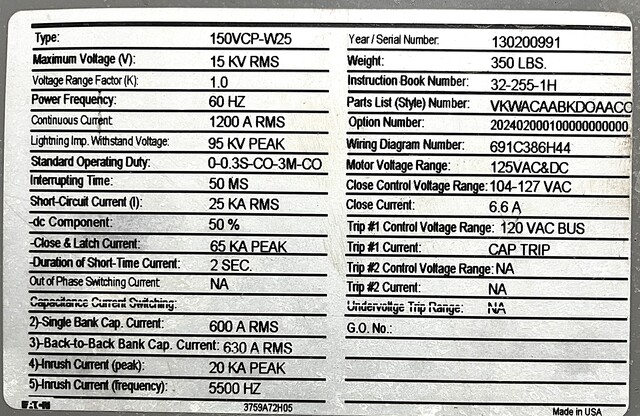 1200 Amps, Eaton #150VCP-W25, vacuum circuit breaker, 15 KV, 2013 - Image 5