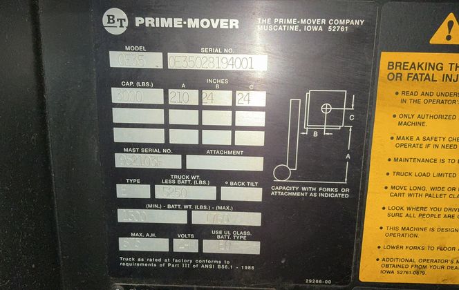 3,000 LB. BT Prime Movers #0E35, Stand-Up Forklift, 95" Mast - Image 10
