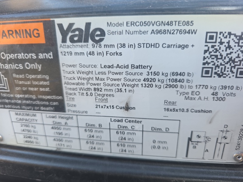 5000 lb. Yale #ERC050, electric forklift, cushion tire, 12.3 MPH, 125" -174" lift height, 2022 - Image 2