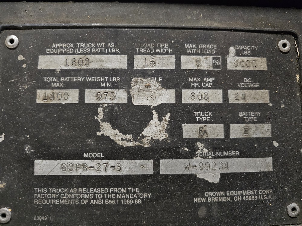 6000 lb. Crown #60PR-27-3, forklift, 4' forks - Image 9