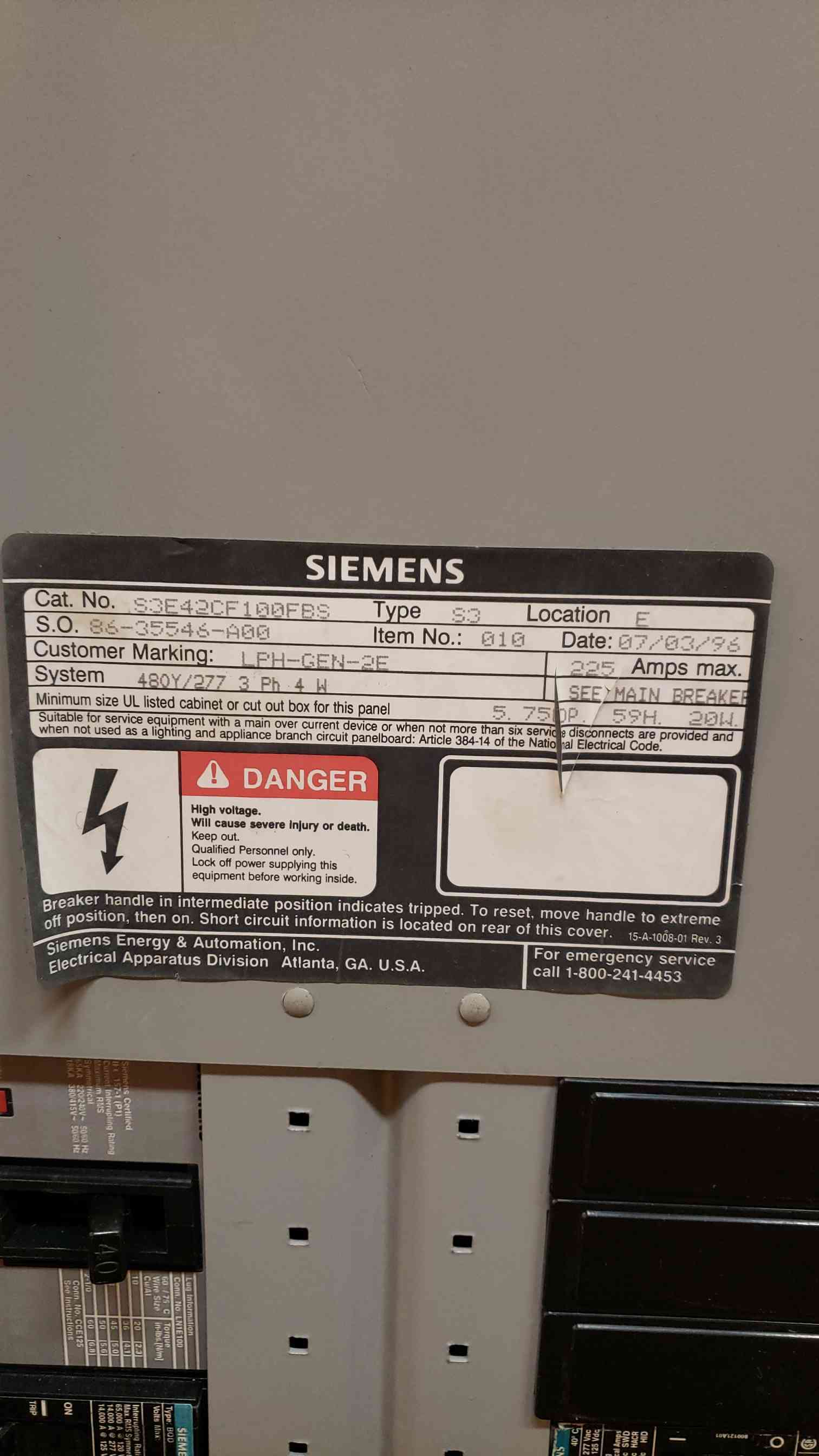 225 Amp. Siemens Sentron Panelboard, 480V, 277V, 3PH, 100A Main (2 available) - Image 5