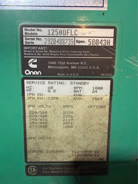 1250 KW Cummins #1250DFLC Diesel generator set, #KTA50G3 engine, skid mount, 870 hr, warranty - Image 9