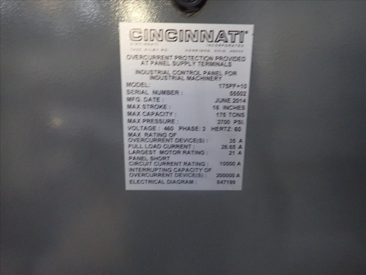 175 Ton, Cincinnati #Proform-175PF-10, CNC hydraulic press brake, 12' overall, ISB laser curtains, 2014 - Image 3