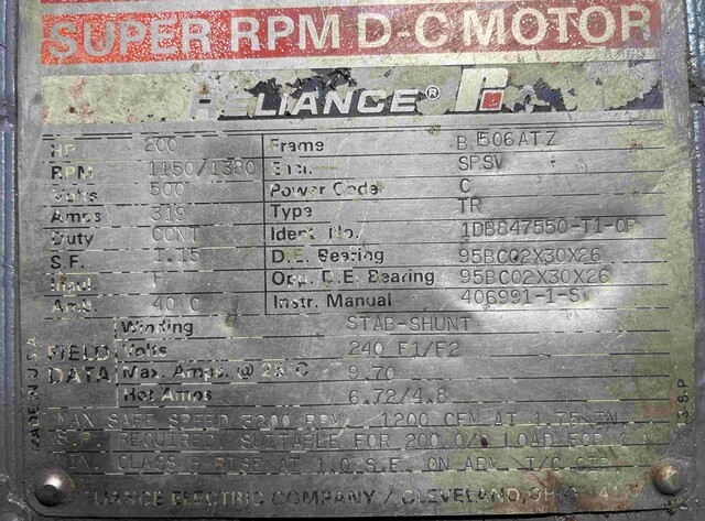 200 HP 1150/1380 RPM Reliance, Frame B506ATZ, SPSV, compound, 500 VA, 240 VF - Image 2