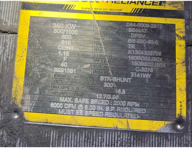 450 HP 500/1100 RPM Baldor-Reliance, Frame 844AT, DPSV, 600 VA, 300 VF, 1996 - Image 2