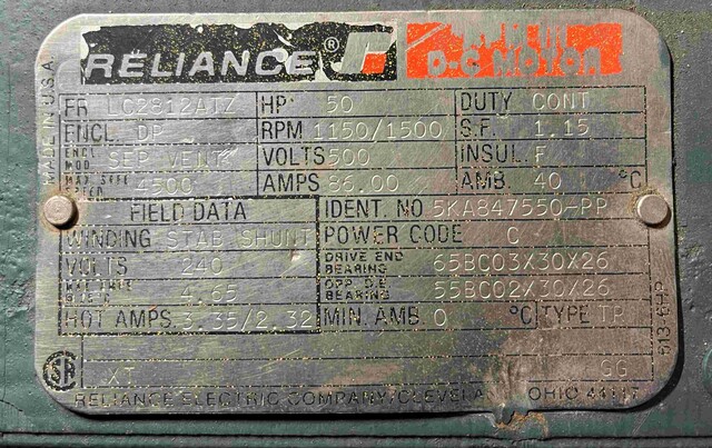 50 HP 1150/1500 RPM Reliance, Frame LC2812ATZ, DP, stab shunt, 500 VA, 240 VF - Image 2