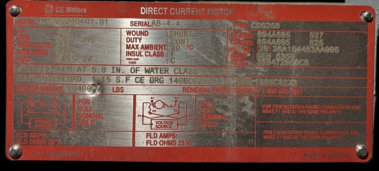 600 HP 850/1300 RPM General Electric, Frame CD6268, SPFG-SV, shunt, 500 VA, 240 VF (2 available) - Image 2