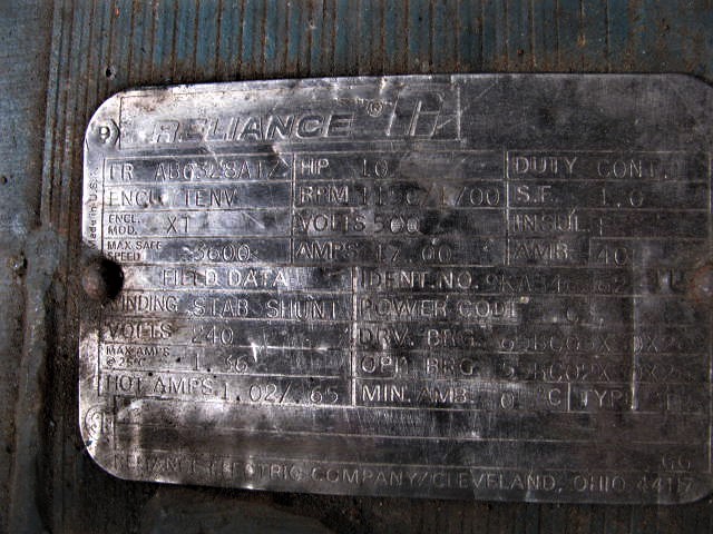 10 HP 1150/1700 RPM Reliance, Frame ABO328ATZ, TENV, stab shunt, 500 VA, 240 VF (2 available) - Image 2