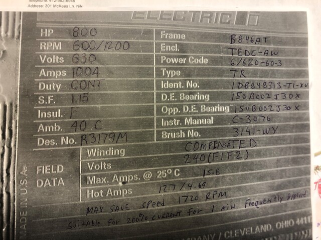800 HP 600/1200 RPM Reliance, Frame 846AT, TEWC, compensated, 630 VA, Rebuilt (2 available) - Image 3