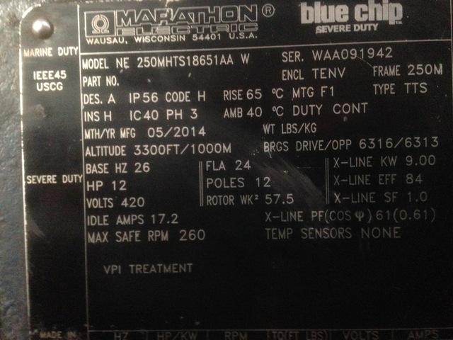 12 HP 260 RPM Marathon, Frame 250M, TENV, inverter duty, 420 Volts (109 available) - Image 1