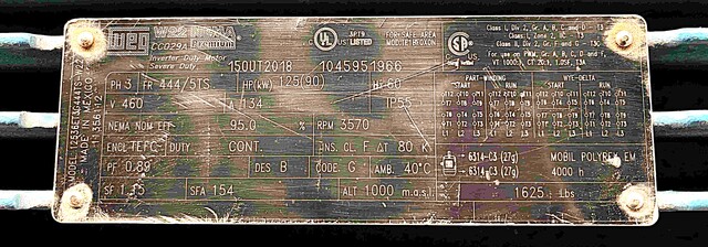 125 HP 3570 RPM WEG, Frame 44415TS, TEFC, inverter duty, 460 Volts - Image 2
