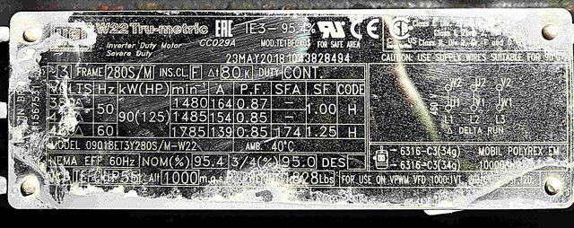 125 HP 1785 RPM WEG, Frame 280S/M, TEFC, inverter duty, 460 Volts (2 available) - Image 2