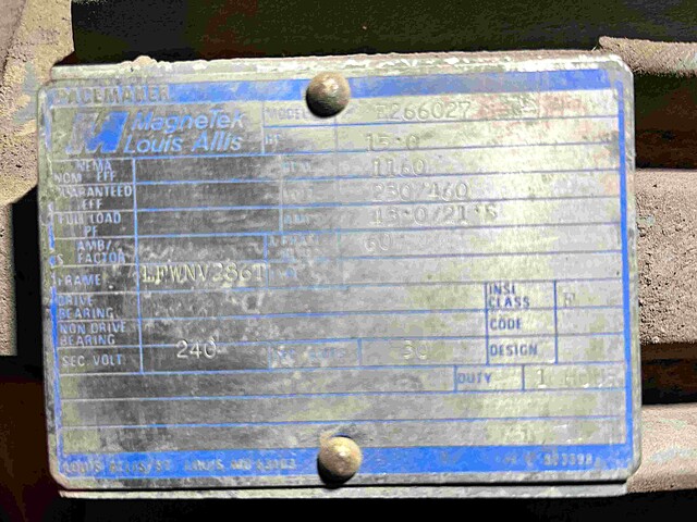 15 HP 1160 RPM Magnetek/Louis Allis-Chalmers, Frame 286T, TENV, 240 Volts - Image 2