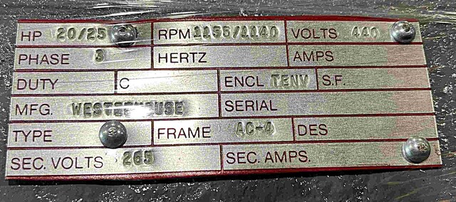 20/25 HP 1155 RPM Westinghouse, Frame AC4, DP, 440 Volts, 265/265 Sec., 1969, Rebuilt - Image 3