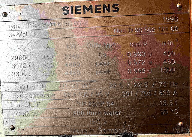 3000 HP 450/1500 RPM Siemens, Frame IDQ3644-6BC03-Z, FVWC, 58 / 105 / 95 Volts, 1998 (2 available) - Image 5
