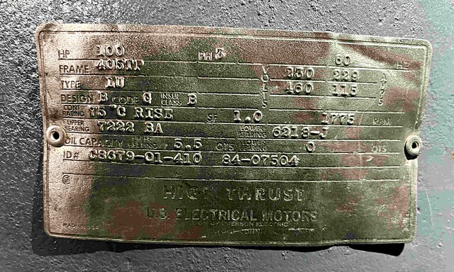 100 HP 1775 RPM U.S. Motors, Frame 405TP, TEFC, VSS, vertical solid shaft, vertical solid shaft, no ratchet - Image 2