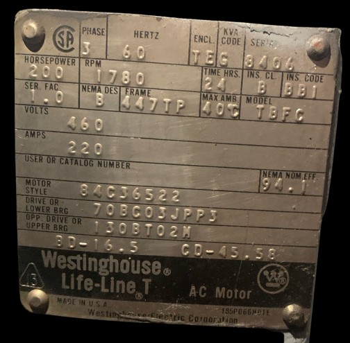 200 HP 1780 RPM Westinghouse, Frame 447TP, TEFC, VHS, vertical hollow shaft, vertical hollow shaft, 460 Volts - Image 5