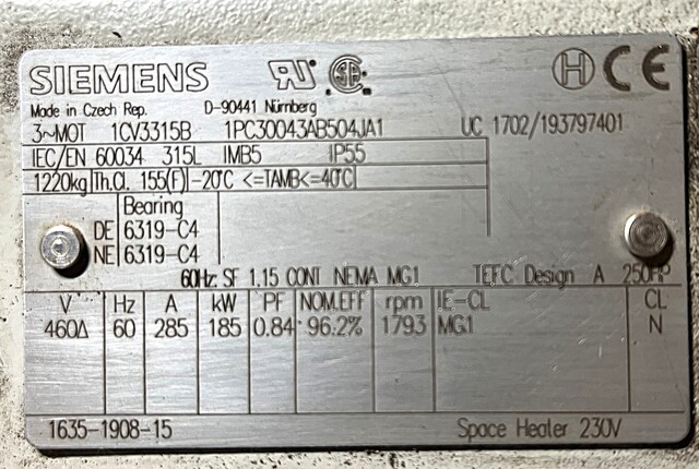 250 HP 1793 RPM Siemens, Frame 315L, TEFC, VSS, vertical solid shaft, vertical solid shaft, no ratchet, 460 - Image 3