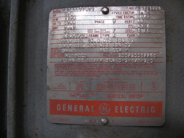 250 HP 1190 RPM General Electric, Frame L509TP20, TEFC, VHS, vertical hollow shaft, vertical hollow shaft - Image 1